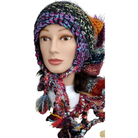 Bohemian long cone shape warm knit colorful Slouchy women's hat - Picture 3 of 6
